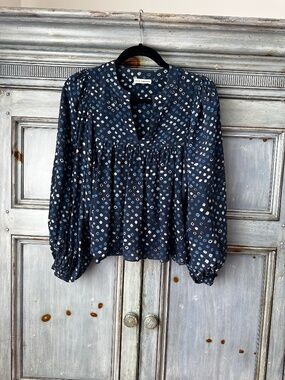 Ulla Johnson Balloon Sleeve Silky Blue Printed Blouse Size S